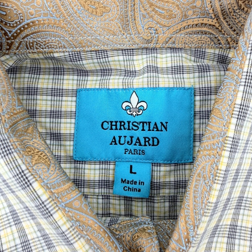 Christian Aujard Button Down Shirt Mens L Blue Yellow‎ Plaid Paisley Flip Cuff - Picture 2 of 11